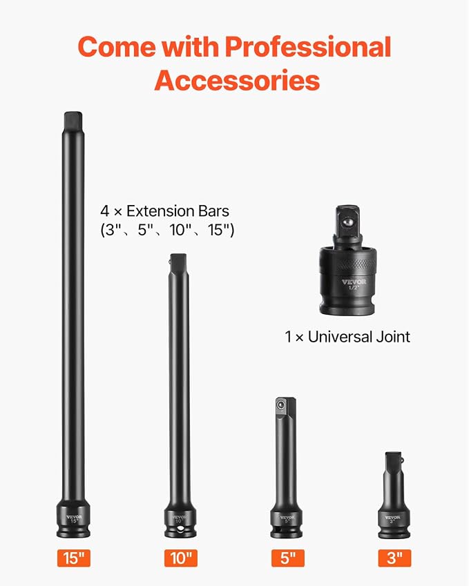 VEVOR Impact Socket Set 1/2" Socket Set 43 Piece Deep & Shallow SAE 3/8" to 1-1/2", 6 Point Cr-Mo Alloy Steel for Auto Repair, Easy-to-Read Size Markings, Rugged Construction, Storage Case