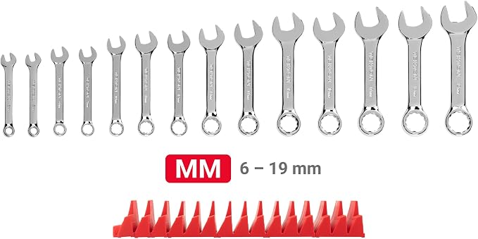 TEKTON Stubby Combination Wrench Set, 14-Piece | WCB95402 | (6 - 19 mm), Modular Organizers, Chrome Finish