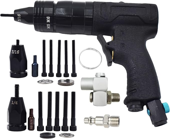 Pneumatic Rivet Nut Gun Air Rivet Nut Pull Setter Riveting Fastening Tool With 1/4 3/16 Riveting Mandrels Quick Change Locking Nozzle Bolts Adapter Drill For Air Rivet Nut Insert Installation Tool