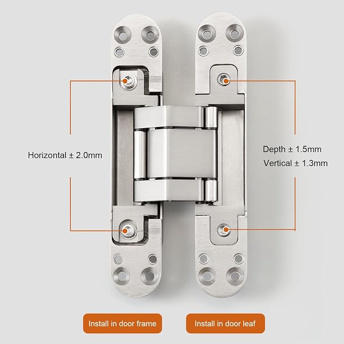 YAGU 6.5 inch 3 Way Adjustable Invisible Hinges Hidden Door Hinges Concealed Hinges Zinc Alloy 180 Degree Swing Hinge Butt Hinge 6.5 x 3.2 x 1.1 inch Matte Silver (1 Piece)