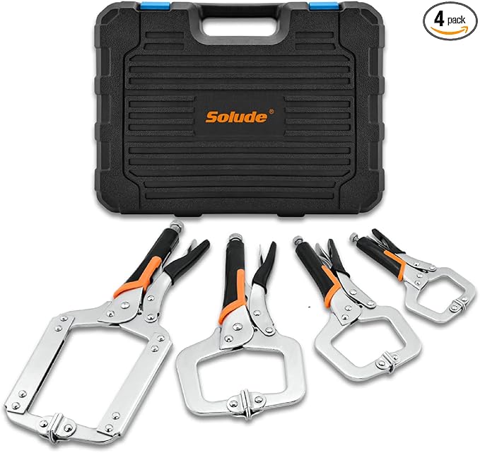 C-Clamp Locking Pliers Set,6-Inch,9-Inch,11-Inch,14-Inch,4 Piece Vise Grip Face Clamp for Woodworking,Welding and Pocket Hole Joinery with Plastic Storage Box