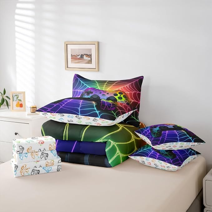 Gaming Consoles Bed in a Bag Queen Comforter Set 7 Piece,Rainbow Spider Web Video Game Bedding Set,Gamer Comforter and Sheet Set Gothic Cobweb Bed Set,Gamer Decor for Boys Bedroom Decor