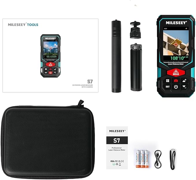 MILESEEY 330Ft Outdoor Laser Measure with Camera Viewfinder, Includes Adjustable Aluminum Tripod with Portable Handle and Protection Case for Protection and Organization