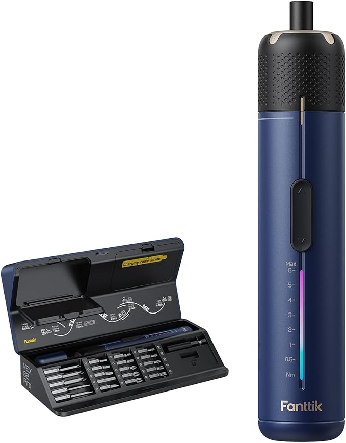 Fanttik S2 Pro Electric Screwdriver, Cordless Screwdriver Set, 7 Torque Settings, 0.5 to 6N.m, 20 Magnetic Bits, 1/4''Hex Shank, with 90° Angle Adapter, for Furniture, Household Repairs(Navy Blue)