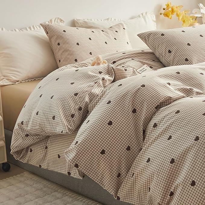 Sedefen Gingham Duvet Cover Set Queen Size, 3 Pieces Brown Plaid Bedding Set with Cute Heart Pattern, Kids Boys Girls Tan Checked Grid Soft Microfiber Duvet Cover for Bedroom Decor