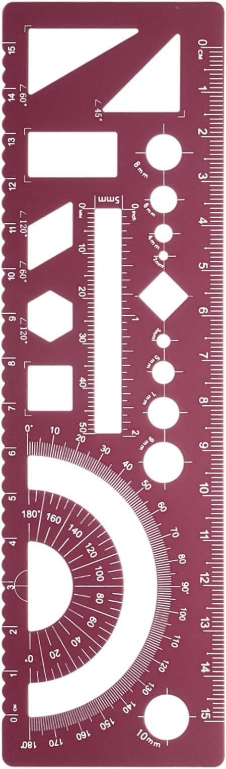 HARFINGTON Multifunctional Geometric Rulers 15cm Metric and SAE Aluminum Straight Edge Protractor Angle Math Measuring Ruler Geometric Drawings Templates for Drawing Drafting, Dark Red
