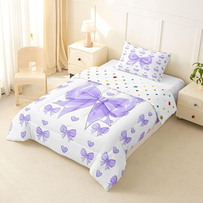 Feelyou Cute Purple Bow Comforter Set All Season Love Hearts Bowknot Bedding Set with 1 Pillow Cases Princess Bow Microfiber Kids Twin Bedclothes Bedroom Decor Duvet Quilt Breathable Soft Lightweight