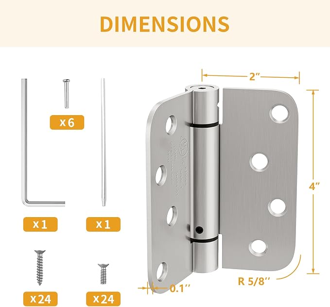 Luxbaro 3 Pack Self Closing Door Hinges, 4 Inch Spring Loaded Door Hinges, Adjustable Tension for Garage, Front Door, Back Door, for Left and Right Hand Door, 5/8'' Radius Corners, UL Listed