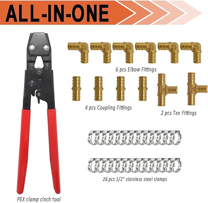 TTFLEX PEX Clamp Tool Kit with 26 PCS 1/2" Cinch Clamp Rings, PEX Crimping Tool Kit with 12 PCS 1/2" Brass Tee Elbow Coupling Pipe Fittings