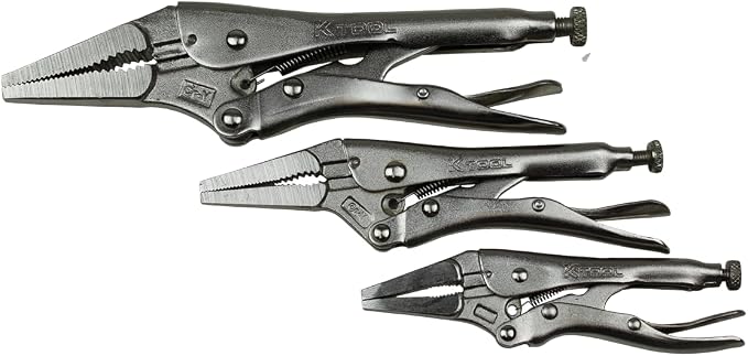 K Tool International 58730 Automotive Vice Grip Locking Straight, Curved Jaw, Needle Nose Plier Set for Garages, Repair Shops, and DIY, Heat Treated Nickel Plated Steel, Organizing Tray, 10 Piece