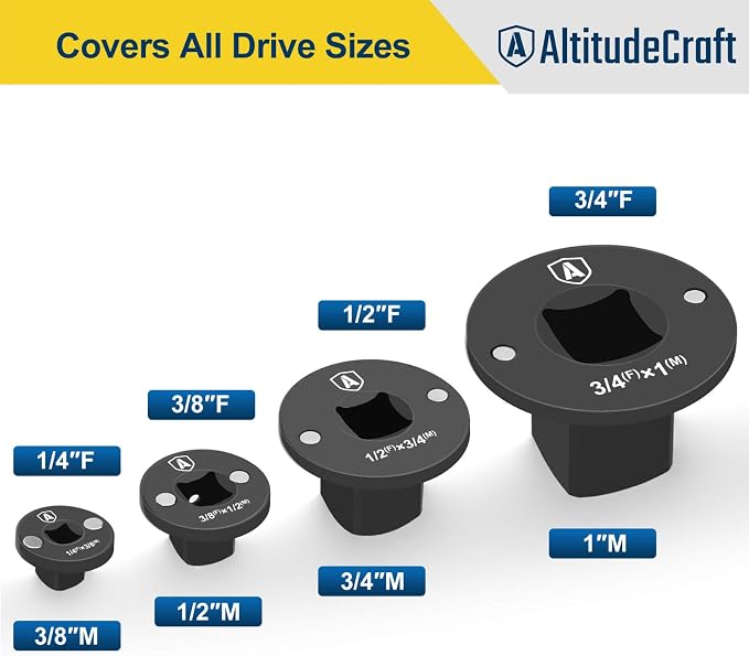 Low Profile Impact Socket Adapter Set for Tight Spaces | Four Drive Conversions Keep the Ratchet Close to the Fastener: 1/4″ to 3/8″, 3/8″ to 1/2″, 1/2″ to 3/4″, 3/4″ to 1″