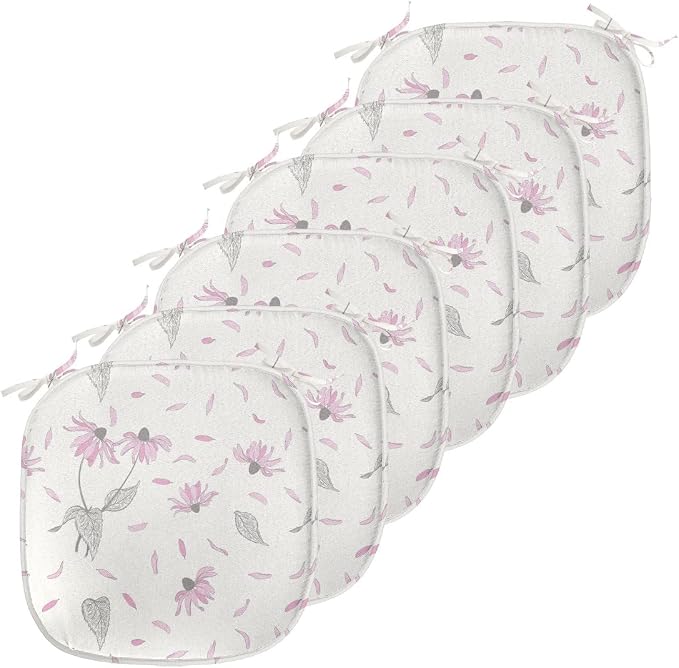 Lunarable Echinacea Chair Seating Cushion Set of 6, Spring Romance Repeating Floral Pattern in Pastel Tones, Anti-Slip Seat Padding for Kitchen & Patio, 16"x16", Off White Pale Pink
