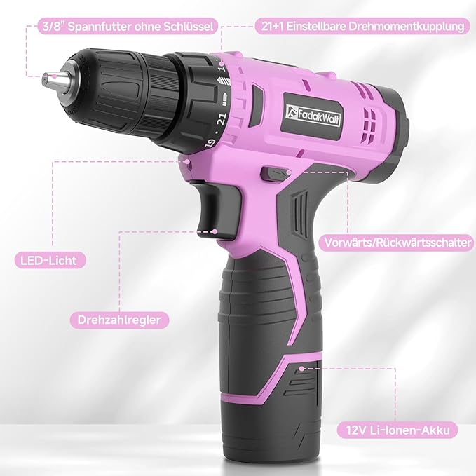 FADAKWALT Cordless Drill Set, 12V Power Drill Set with Battery and Charger, 3/8'' Keyless Chuck, 21+1 Torque Setting, 180 inch-lbs, Pink Electric Drill for Women's Garden DIY Projects（Pink)