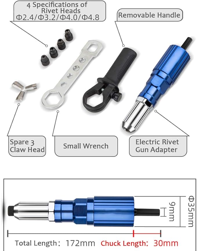 Professional Electric Rivet Gun Adapter Kit - Cordless Riveting Drill Tool with 3-Claw Head, 4 Rivet Heads, Removable Plastic Handle & 100 Blind Rivets - Easy Processing for Pop Rivets
