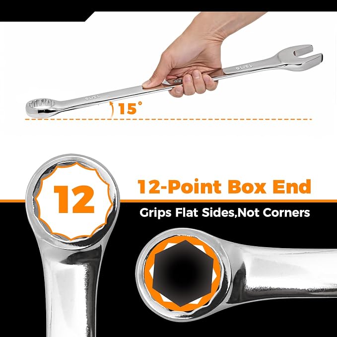 Der Erwachte 6-Piece SAE Wrench Set, Large Wrench Set | 15/16", 1", 1-1/16", 1-1/8", 1-3/16", 1-1/4", Long Big Open End Combination Wrench Set, 12-point, roll-up storage pouch