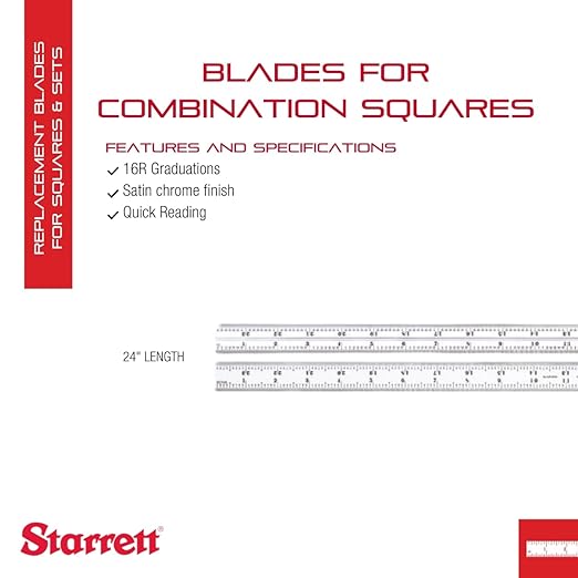 Starrett Blade Only for Combination Squares, Sets and Bevel Protractors - Ideal for Woodworking and Metalworking - 24" Length, Satin Chrome Finish, 16R Graduation - CB24-16R