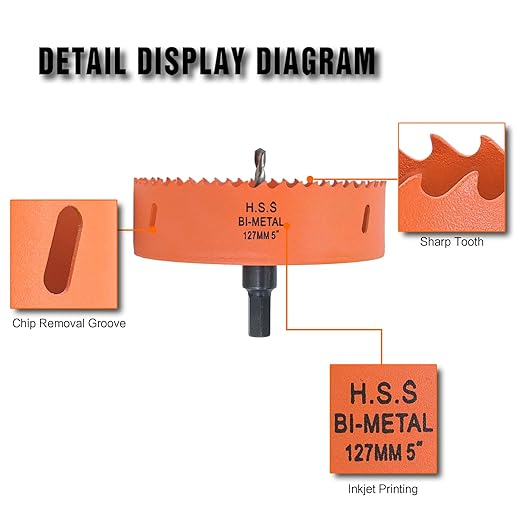 5 inch Hole Saw with Arbor for Metal Wood and Plastic, 127mm Bi-Metal Hole Cutter for Different Project with Smooth and Flat Drilling Edge, Fast Chip Removal