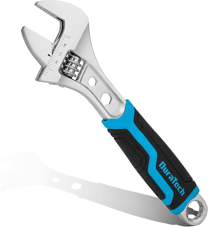 DURATECH 8 Inch Adjustable Wrench, 3-in-1 Spanner | Box End, Hex Function, CR-V Steel, Metric & SAE Scales, Chrome-plated, Bi-material Soft Grip