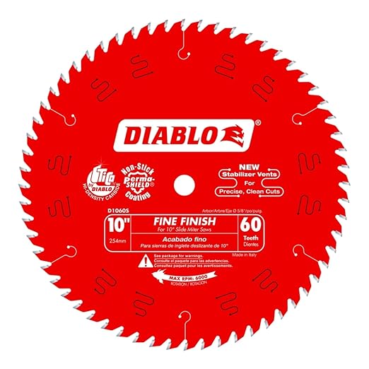 Diablo Fine Finish Saw Blade for Wood - 10" Diameter, 60 ATB Teeth, 5/8" Arbor, .087" Kerf, 7° Hook Angle, .063" Plate, 6000 Max RPM - D1060S