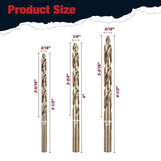 ANGELSWORD M35 Cobalt Stepped Point Tip Drill Bit, 3 PCS(3/16",1/4",5/16"), Titanium Coated Drill bit, for Steel, Cast Iron, Aluminum, Brass, Acrylics