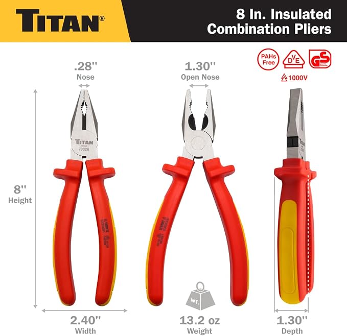 Titan 73328 8-Inch VDE Insulated Combination Pliers