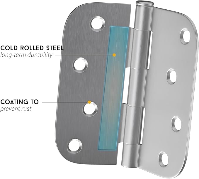 goldenwarm 18 Pack 4 inch Brushed Nickel Door Hinges Satin Nickel Exterior Door Hinges - Residential Hinges for Interior and Exterior Doors, 5/8" Radius Corners, Iron