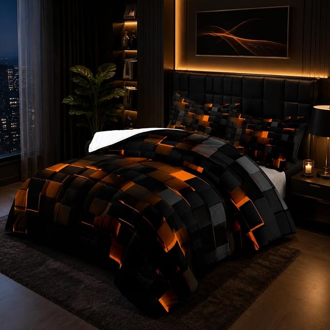 Nttopship Geometric Yellow Black Comforter Set,Light Honeycomb 3 Piece Bedding Set Full Size for Teen Boys,Modern Quilt Set Geometry Decor,Microfiber Lightweight 1 Comforter 2 Pillowcases All Season