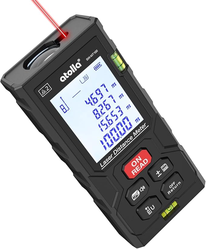 atolla Laser Measure 328Ft, Digital Laser Distance Meter with 2 Bubble Levels,Portable M/in/Ft Unit Switching Backlit LCD, Measuring Distance/Area/Volume/Pythagorean and Waterproof IP54 (Red Laser)