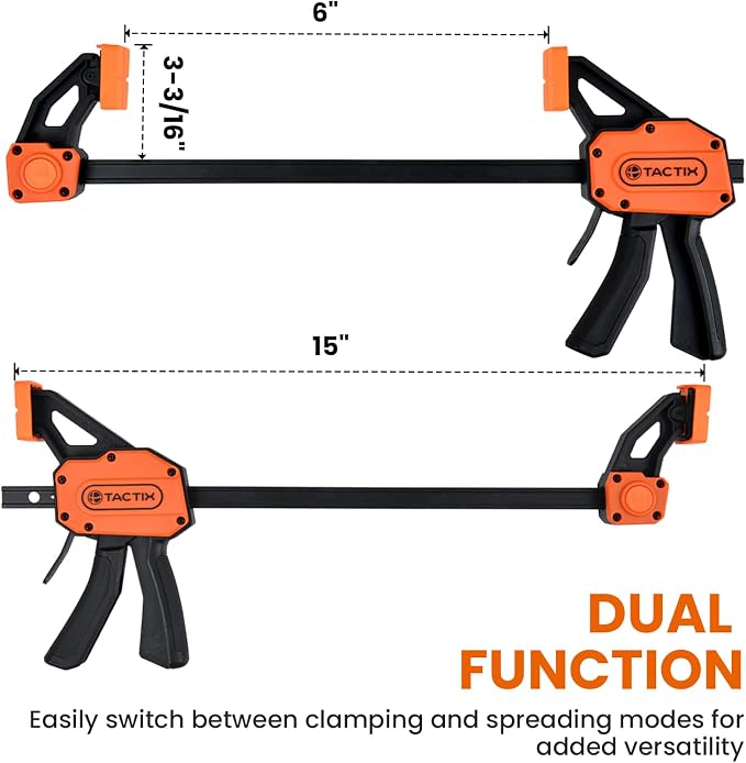 TACTIX 6" Bar Clamps for Woodworking, 2-Pack 300lbs One-Handed Spreader/Clamp, Quick-Clamp Wood Clamps Set for Hand Wood Working, Carpentry, and DIY Projects