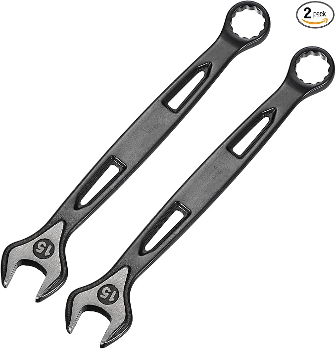HARFINGTON 2pcs Combination Wrench 15mm Metric Extra Long 12-Point Box and Open End Carbon Steel Double Ended Industrial Grade Spanner for Automotive Furniture Machinery DIY Repair, Black