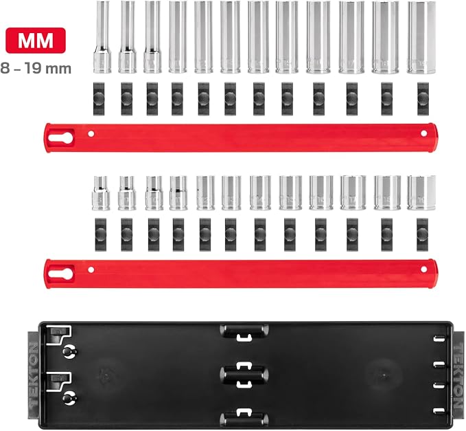 TEKTON 3/8 Inch Drive 6-Point Socket Set, 24-Piece | SHD91215 | (8 - 19 mm), Shallow and Deep, Socket Rail