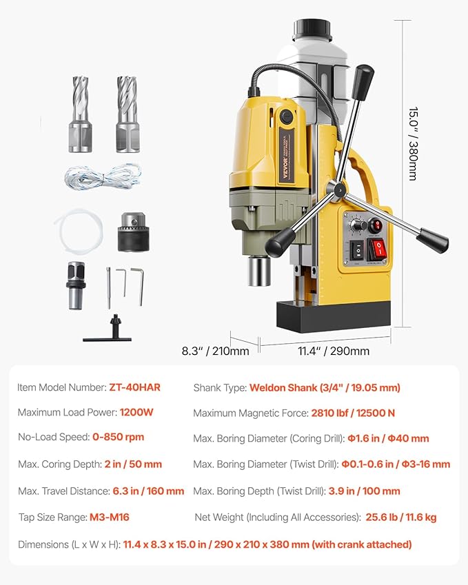VEVOR Magnetic Drill, 1200W Motor 1.6 in Boring Diameter, 2810 lbf Electric Mag Drill Press, with 2 Coring Bits, Variable Speed, Drilling Machine for Metal Surface, Home Improvement Industry, Yellow