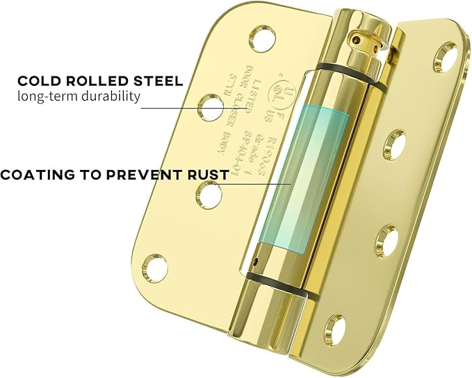 goldenwarm 6 Pack 4 Inch Polished Brass Self Closing Door Hinges with 5/8'' Radius Corners - Adjustable Tension Soft Close Hinges for Interior/Exterior Doors, Durable & Quiet Closure