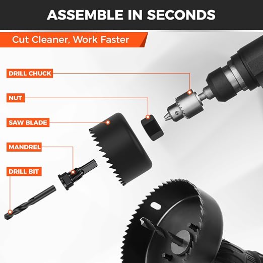 HORUSDY 8PCS Hole Saw Kit, 1"–2-1/8" (25–54mm), with 2 Pcs Drill Bits, Mandrel & Hex Key, Smooth Cut, DIY-Friendly Set for Soft Wood, Plywood, PVC