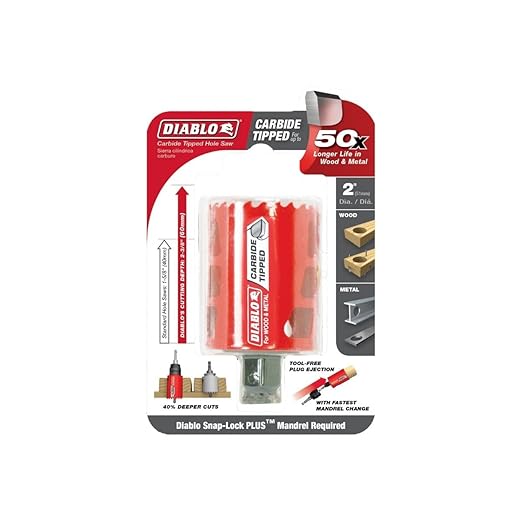Diablo Carbide Teeth Hole Saw for Wood and Metal - Fits with Snap-Lock Plus Mandrel System, Tool-Free Plug Ejection - 2" Diameter, 2-3/8" Length - DHS2000CT