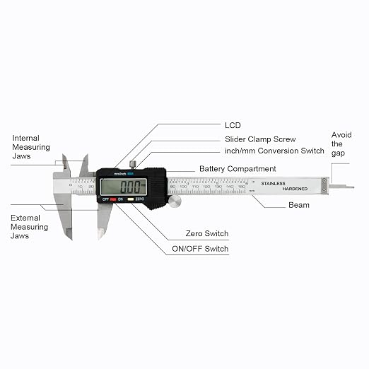 Digital Caliper 0-6" Measuring Tool with Metal Ruler, Micrometer Caliper with Auto-Off Feature, Interchangeable Between inches and millimeters for DIY/Household and 3D Printing, Black