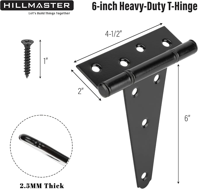 HILLMASTER 6 Inch T-Strap Heavy Duty Shed Door Hinges Gate Strap Hinges Black Tee Hinge Wrought Hardware for Wooden Fences,Yard,Barn Door,Rustproof (6 Pack)