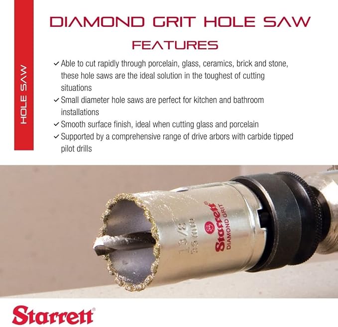 Starrett Diamond Grit Hole Saw, 1-3/16" Dia, 1-1/2" Cutting Depth | Ideal For Drilling Small Diameter Holes, 1/2-20 Thread Size, XA1 Arbor Type, Silver Finish, KD0136-N