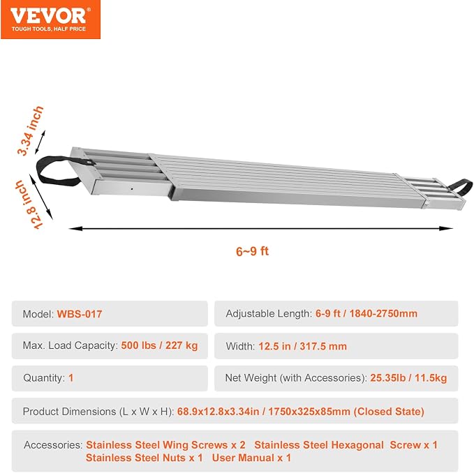 VEVOR Aluminum Telescoping Work Plank, 6-9FT, 500lbs Capacity, 12.5 inch Width, Scaffolding Plank with Skid-Proof Platform Scaffold Ladder Accessory