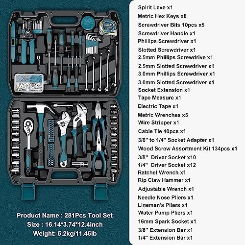 Sundpey 281 Pcs Home Tool Kit Portable Complete General Hand Tool Set Blue