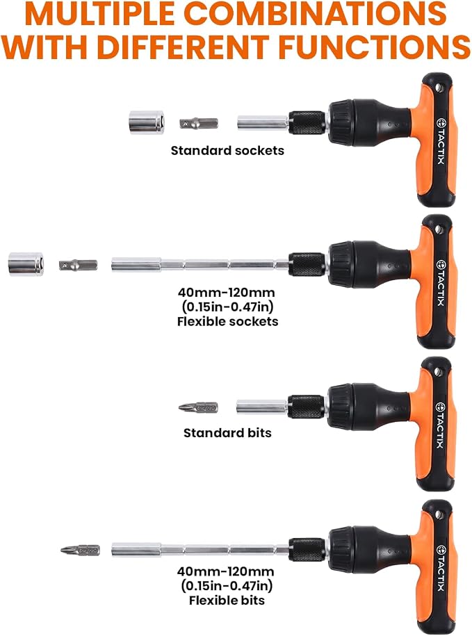 Tactix 31-Piece Magnetic T-Handle Ratchet Wrench and Screwdriver Set with Storage Case, Ratchet Screwdriver with Quick Release for Home & Garage