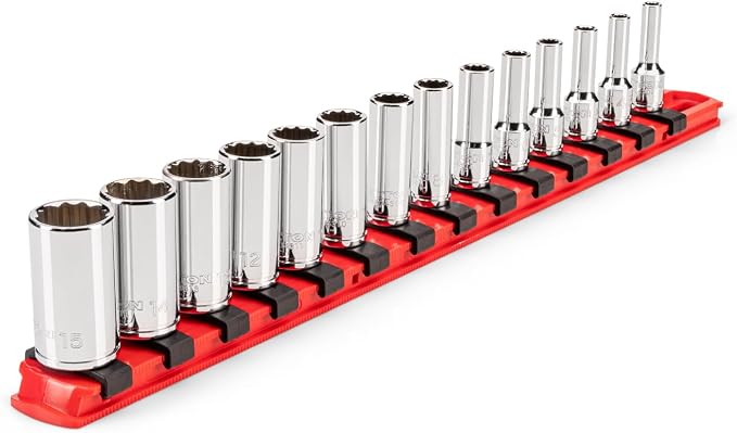TEKTON 1/4 Inch Drive 12-Point Socket Set, 14-Piece | SHD90118 | (4 - 15 mm), Semi-Deep, Socket Rail