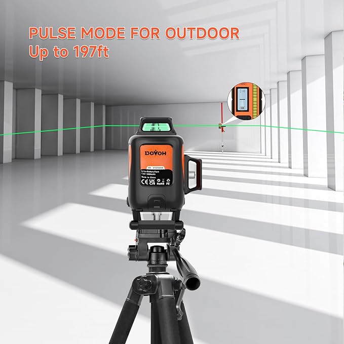 DOVOH 4D Laser Level with Tripod : Dual Batteries Laser Level 360 Self Leveling Green Hard Toolbox for Construction Floor Tiling Ceiling, Class Ⅱ, Y4-360G-KIT