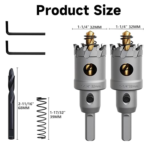 Metal Hole Saw 1-1/4''(32mm) 2Pcs Set Heavy Duty Tungsten Carbide Tipped Hole Cutters Set with a nitrided Step Drill and L-flench, for Steel Iron,Aluminum,Stainless stell