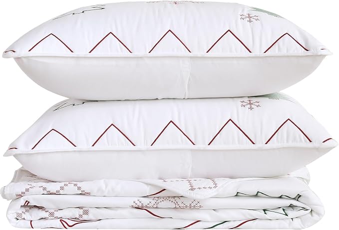 Cmfshape Christmas Embroidery Quilt Set,3 Pieces King Size Xmas Tree Reindeer Pattern Bedding Set,Reversible Christmas Bedspread Coverlet,Holiday Bedding(106"x96")