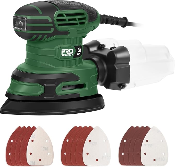 Prostormer Detail Sander, 13000RPM Mouse Sander, 1.6A Electric Palm Sanders with 15Pcs Sandpapers, Dust Collection Box for Tight Spaces Sanding, Polishing, Woodworking in Home Decoration