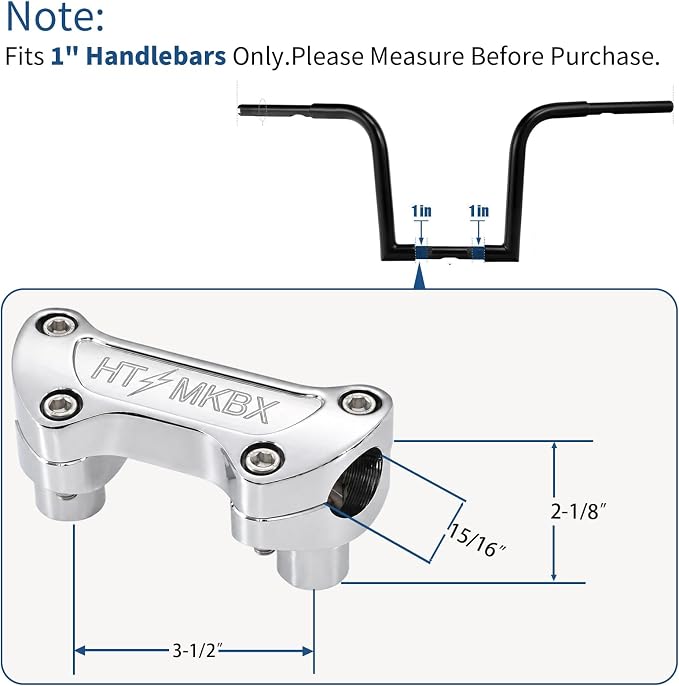 Chrome 1 inch Handlebar Riser Top Clamp Kit, 7075 Aluminum Bar Riser for 1” Handlebars, Fits Harley Touring Sportster Softail Dyna Models