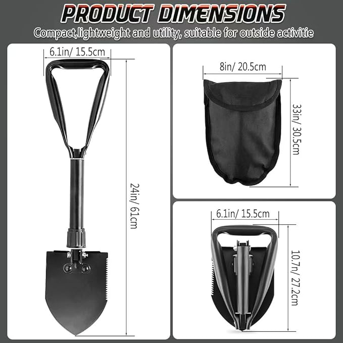 Folding Shovel - 24'' Lightweight Digging Shovel High Carbon Steel Portable Digging Trowels for Outdoor Camping Backpacking Hiking Car EmergencHome Garden (Dark Black
