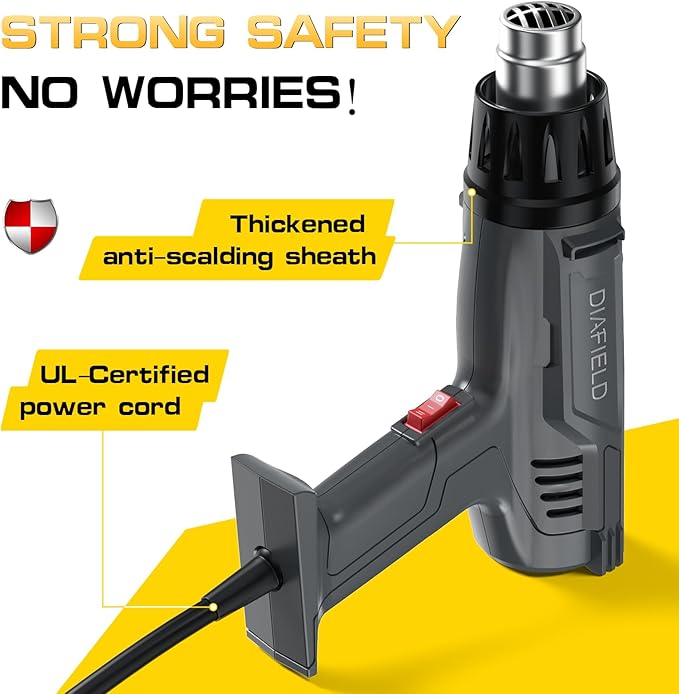 DIAFIELD 1850W Heat Gun, Dual Temperature Settings, Fast Heat Hot Air Gun, Durable& Overload Protection, with 4 Nozzles for Shrink Wrap, Vinyl, Crafts, Epoxy Resin