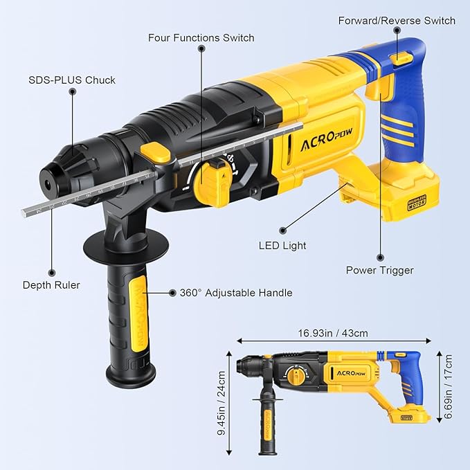 SDS-Plus Cordless Rotary Hammer Drill for Dewalt 20V Battery，Brushless Motor, Safety Clutch, 4 Functions, LED Light with Vibration Control, 5 Drills with Carry Bag(No Battery)
